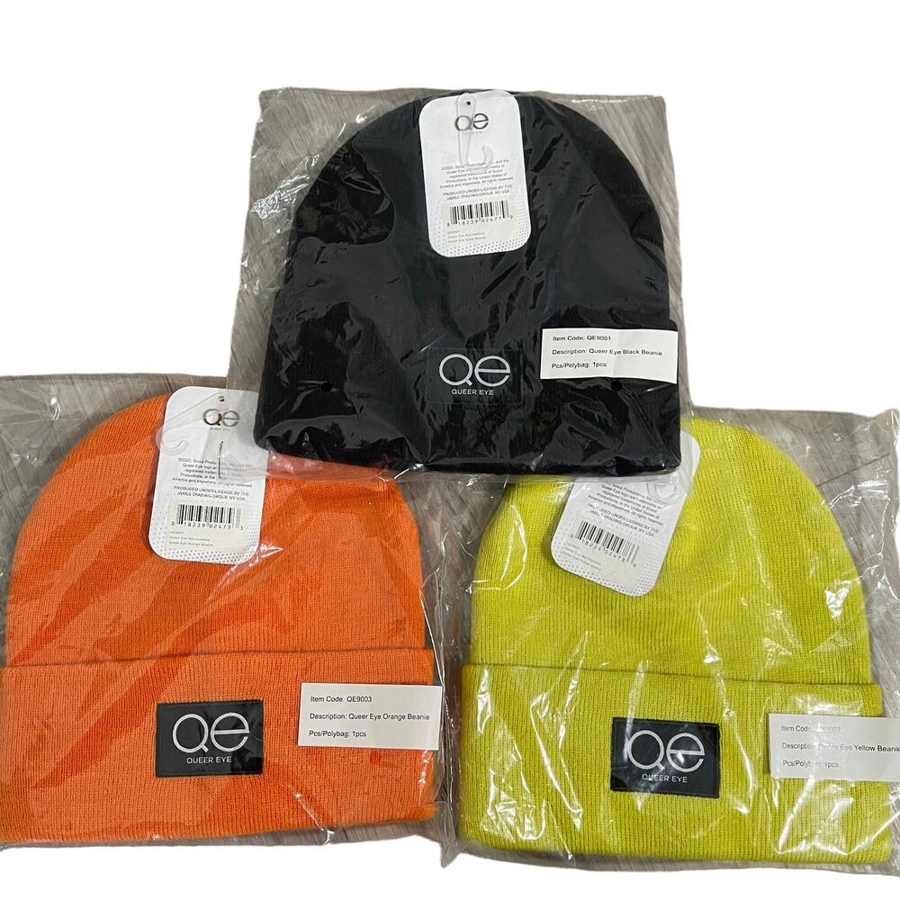 QE Queer Eye Lot of 3 Knit Beanie Hats Caps - Black Orange & Yellow - One Size